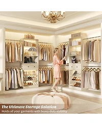 Aheaplus Wood Closet Organizer System with Drawer and 4 Hanging Rods, Heavy Duty Walk-in