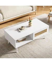 homfan Rattan Coffee Table with Storage, Farmhouse Boho Center Sofa Table with Sliding Door and Open Shelf for Living Room, Bedroom