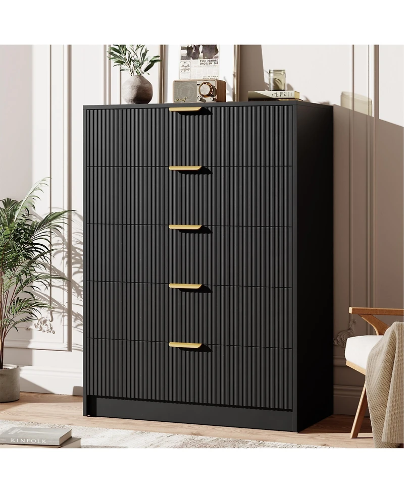 gaomon Fluted 5 Drawers Dresser For Bedroom, Wide Modern Chest of with Metal Handles, Living Room, Entryway, Hallway