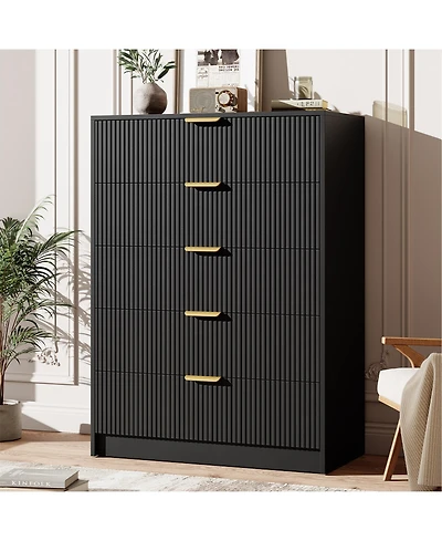 gaomon Fluted 5 Drawers Dresser For Bedroom, Wide Modern Chest of with Metal Handles, Living Room, Entryway, Hallway