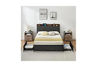 homfan Upholstered Bed Frame with Storage Headboard, Charging Station, 2 Drawers, Metal Slat Support
