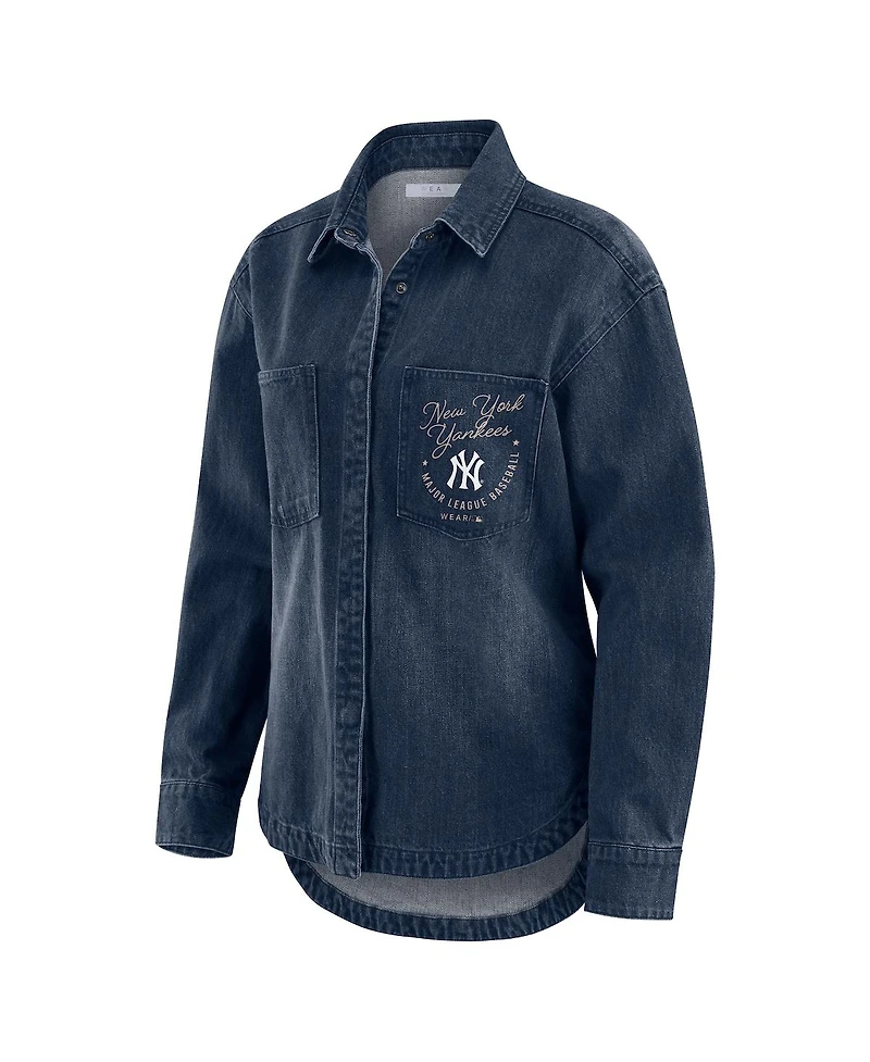 Wear by Erin Andrews Women's Denim New York Yankees Washed Oversized Full-Snap Shacket
