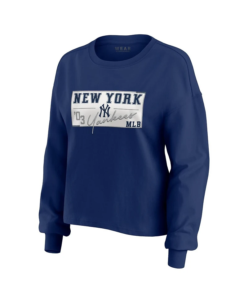 Wear by Erin Andrews Women's Navy New York Yankees Heavy Rugby Jersey Cropped Long Sleeve T-Shirt Shorts Lounge Set