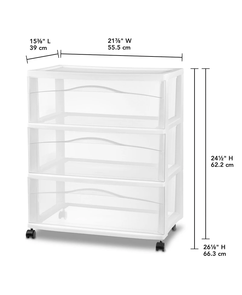 Sterilite Wide 3 Drawer Storage Cart, Plastic Rolling Organizer, Frame