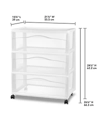 Sterilite Wide 3 Drawer Storage Cart, Plastic Rolling Organizer, Frame