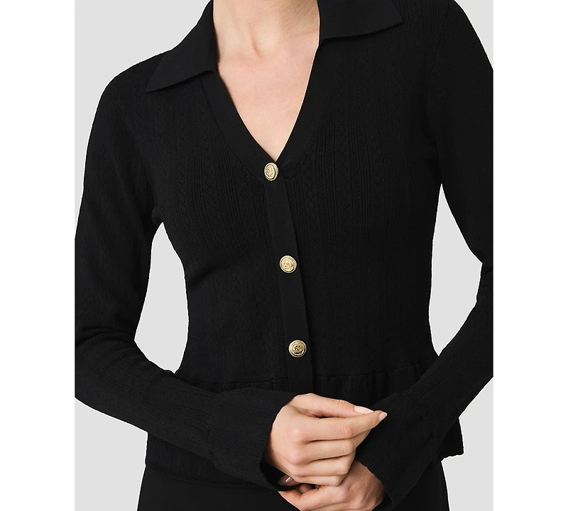 French Connection Women's Crinkle Knit Pointelle Long-Sleeve Top