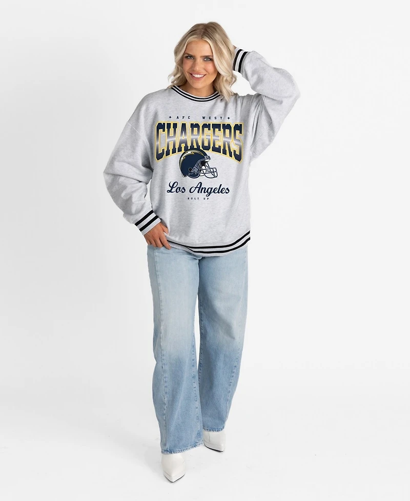 Gameday Couture Women's Ash/Black Los Angeles Chargers Oversized Gridiron Drive Ringer Stripe Sweatshirt
