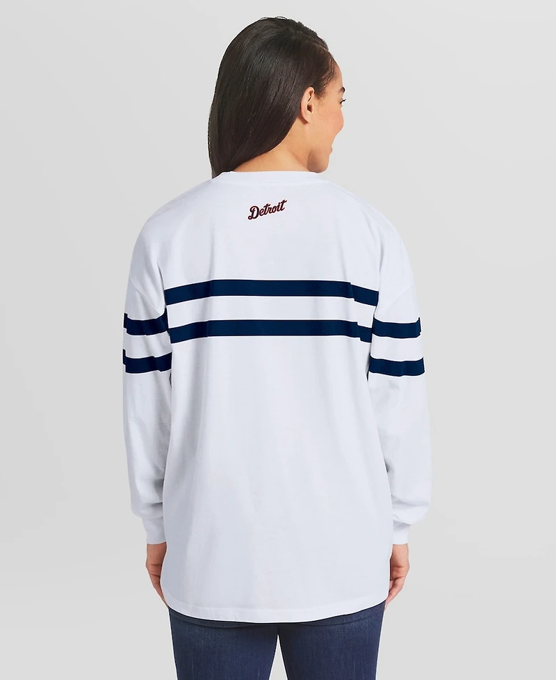 Wear by Erin Andrews Women's White Detroit Tigers Oversized Long Sleeve Striped T-Shirt