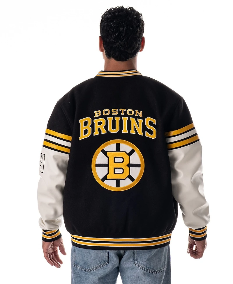 The Wild Collective Men's and Women's Black Boston Bruins Drop Shoulder Full-Snap Varsity Jacket