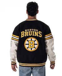 The Wild Collective Men's and Women's Black Boston Bruins Drop Shoulder Full-Snap Varsity Jacket
