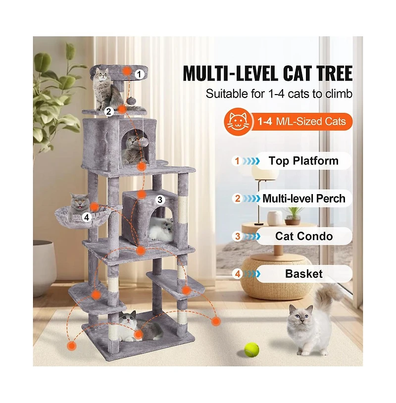 Ruie 68.5 Inch Multi Level Cat Tree with 2 Condos Hammock and Sisal Posts