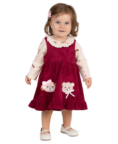 Rare Editions Baby Girls' Pinafore Dress and Long-Sleeve Top, 2-Piece Set