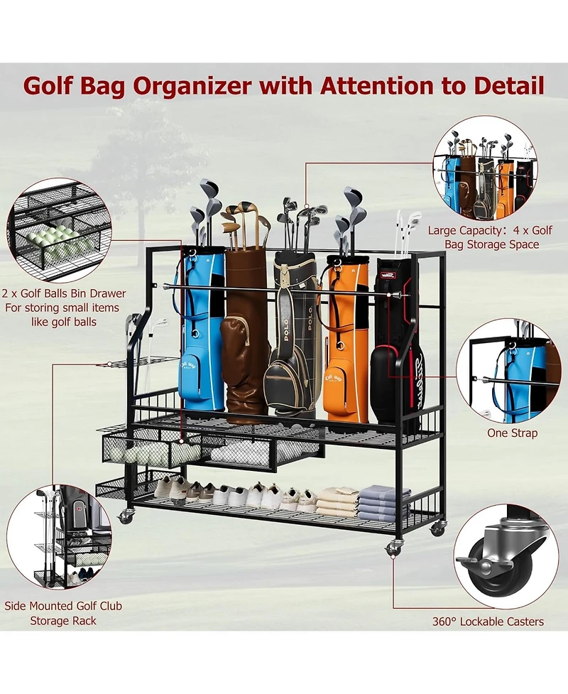 Xo Golf Bag Storage Rack with Drawer and Wheels, Heavy Duty Golf Organizer for Clubs, Balls, Shoes, Garage Storage Stand