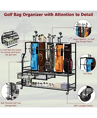 Xo Golf Bag Storage Rack with Drawer and Wheels, Heavy Duty Golf Organizer for Clubs, Balls, Shoes, Garage Storage Stand
