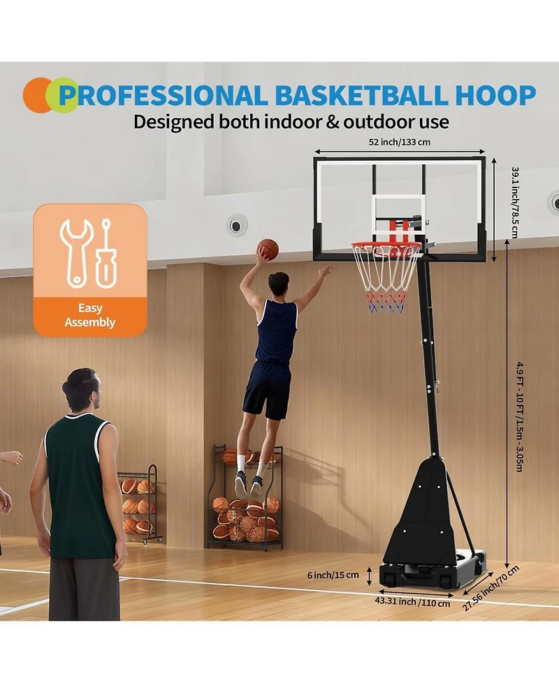 Xo 52" Basketball Hoop System, 4.9-10FT Adjustable Height, Shatterproof Pc Backboard, Portable with Wheels for Backyard Driveway