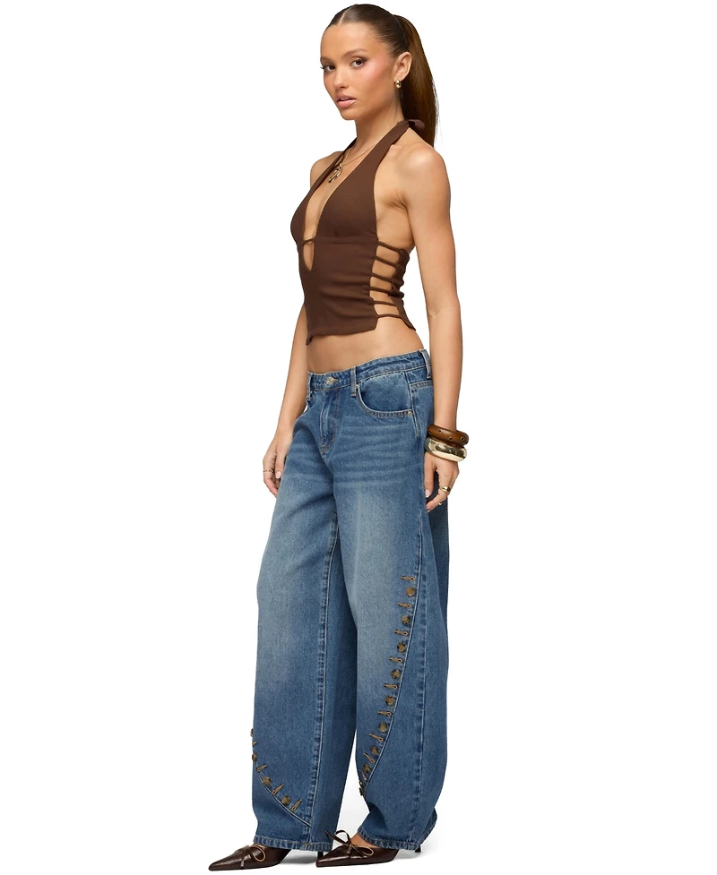 Edikted Womens Button Stitch Low Rise Barrel Jeans