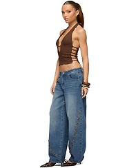 Edikted Womens Button Stitch Low Rise Barrel Jeans