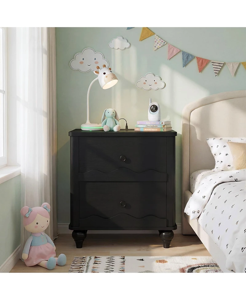 Aheaplus Wooden Nightstand with Charging Station, Storage Dresser 2 Drawers
