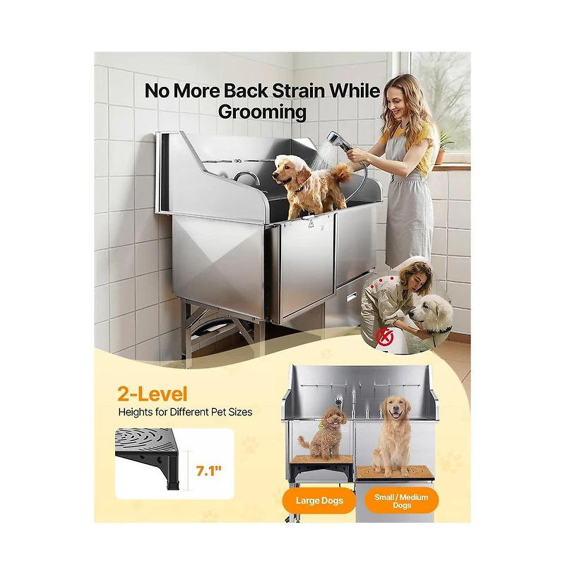 Ruie 50 inch Stainless Steel Dog Washing Station with Ramp Faucet and Showerhead Left Door