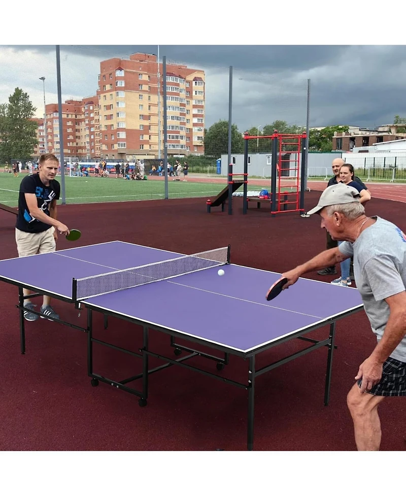 Xo Portable 9FT/8FT Table Tennis Table, Foldable Ping Pong Table with Net, Paddles and Balls, Quick Assembly Indoor Outdoor Game Set