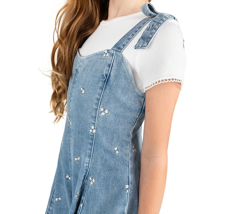 Rare Editions Girls' 7-16 T-Shirt and Embroidered Denim Bow Straps Panelled Romper, 2-Piece Set