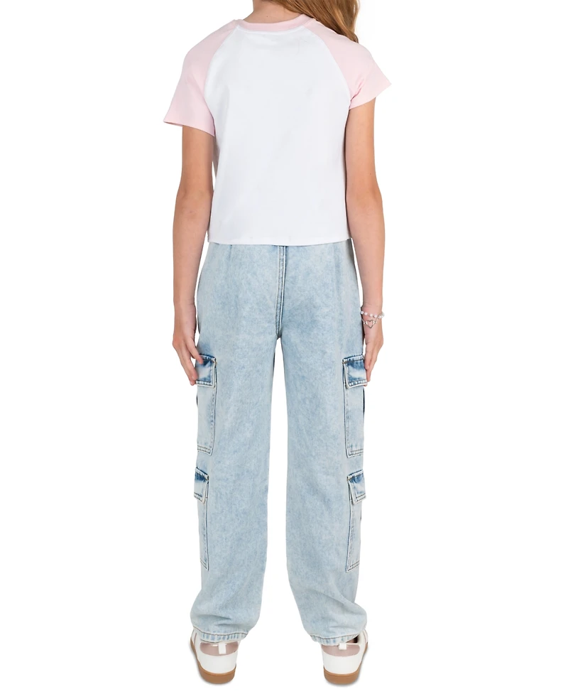 Tween Diva Girls' 7-16 Graphic Raglan T-Shirt and Denim Cargo Pants, 2-Piece Set
