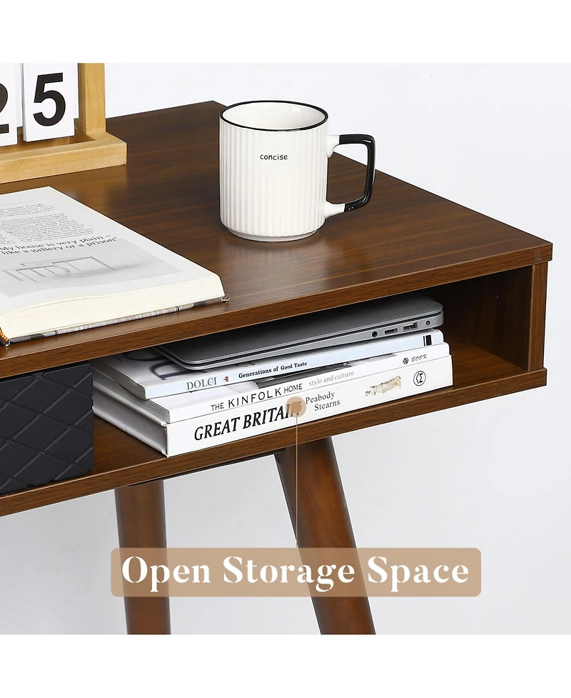Gaomon Modern Writing Desk with Drawer and Open Shelf, Narrow Home Office Table for Bedroom, Walnut and Black, 42 5 x 19 7 x 29 5 In