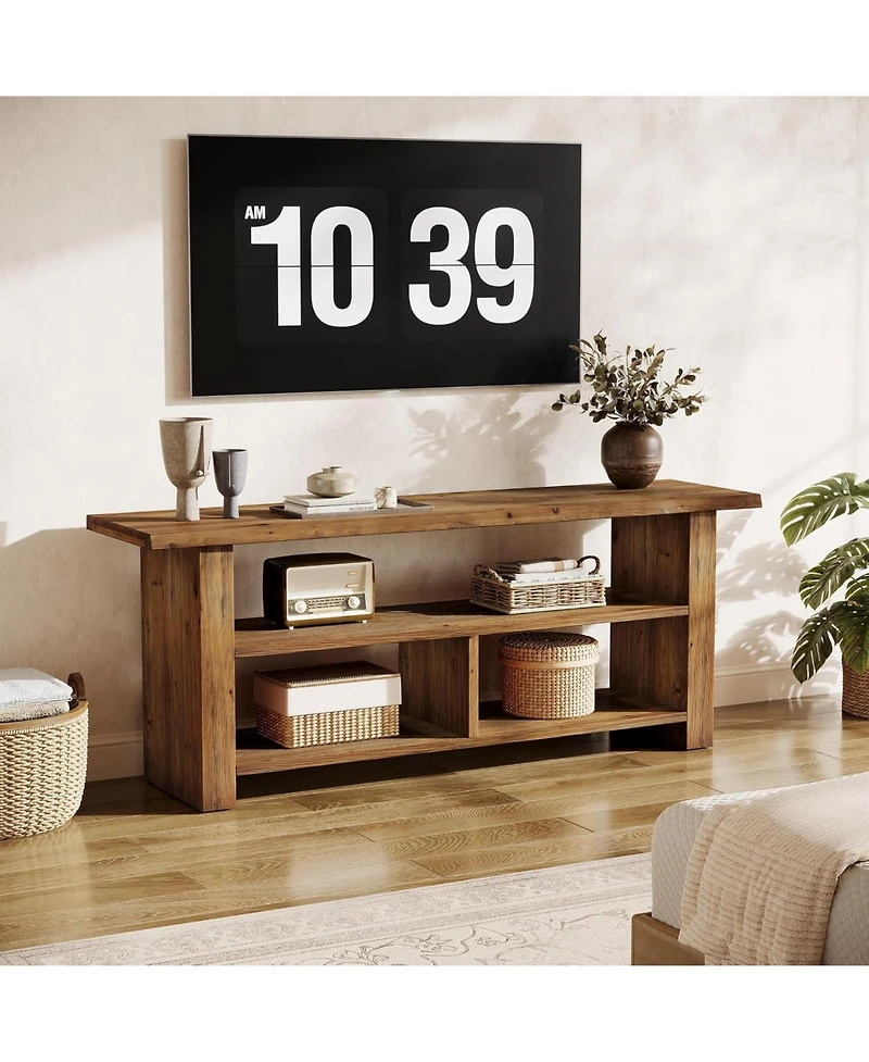 Tribesigns 63" Solid Wood Tv Stand for TVs up to 75 Inch, 3-Tier Farmhouse Wooden Entertainment Center, Low Media Console Television Stands