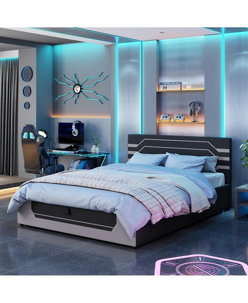 Streamdale Furniture Modern Queen Hydraulic Storage Gaming Bed Frame, Cyberpunk Design
