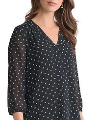 Jones New York Women's V-Neck Pleat Front 3/4 Sleeve Tunic