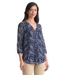 Jones New York Women's Kelly Printed Sheer-Sleeve Pleated Blouse