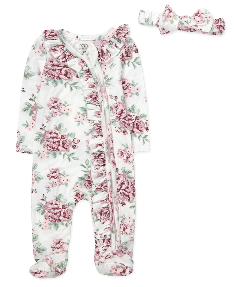 Baby Essentials Girls' Floral Print Coverall, Blanket, Headband and Wood Sign, 4-Piece Set