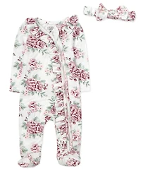 Baby Essentials Girls' Floral Print Coverall, Blanket, Headband and Wood Sign, 4-Piece Set