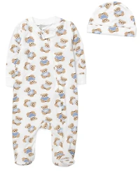 Baby Essentials Boys' Bear Print coverall, Blanket, Hat and Wooden Sign, 4-Piece Set