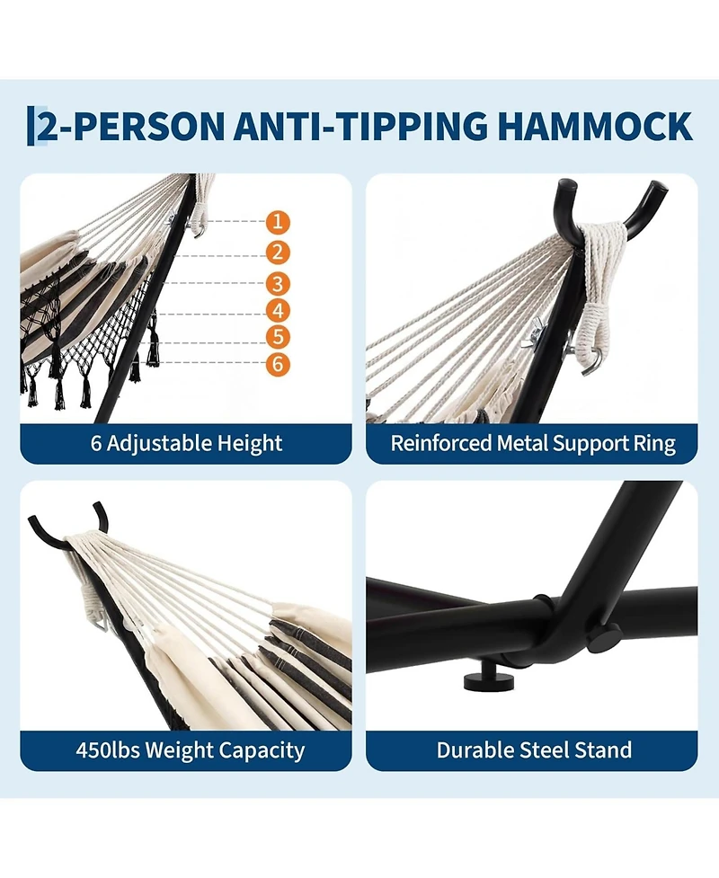 gaomon 450 Lbs Capacity Portable Double Hammock with Stand for Outdoor Patio Backyard Poolside, Stripes