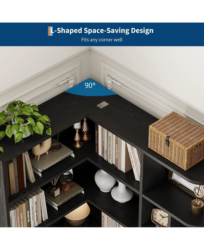 gaomon 74 Inch Tall 6-Tier L-Shaped Corner Bookshelf with Drawer and Cabinets for Home, Office