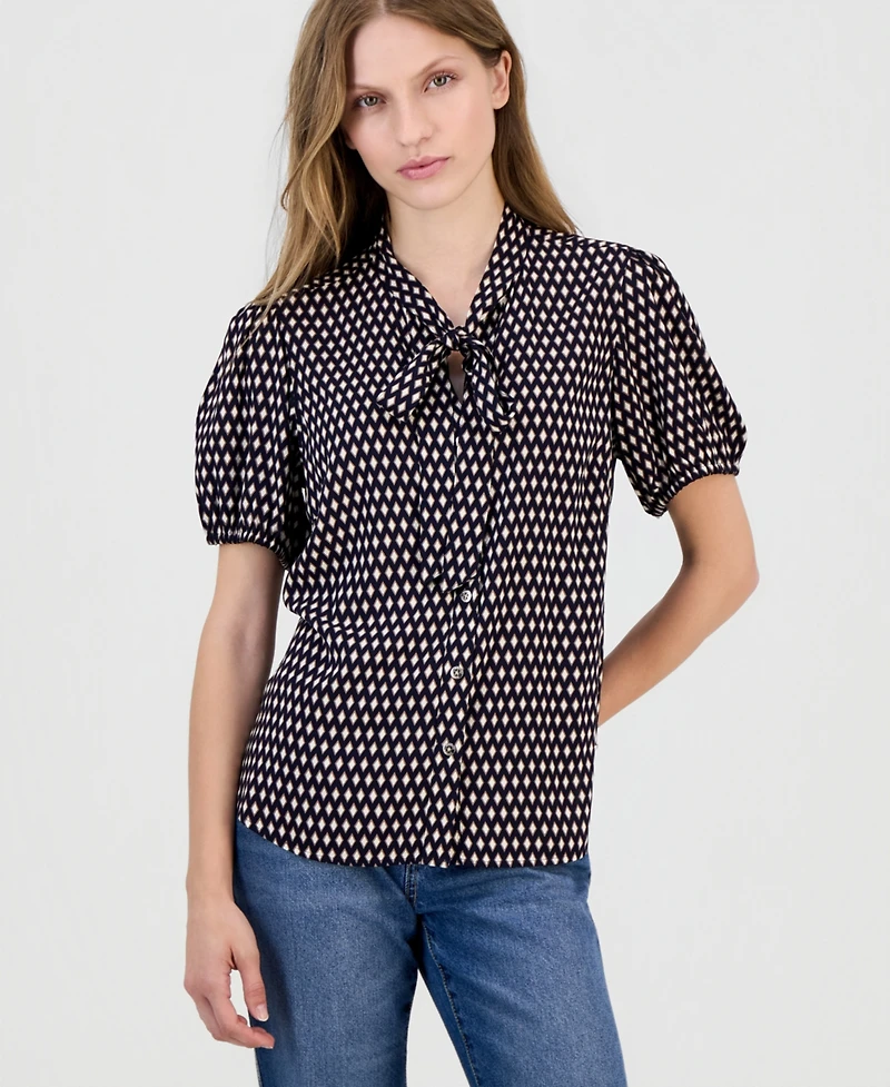 Nautica Women's Printed Puff-Sleeve Button-Front Shirt