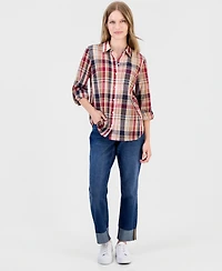 Nautica Women's Crinkle Plaid Roll-Tab Shirt