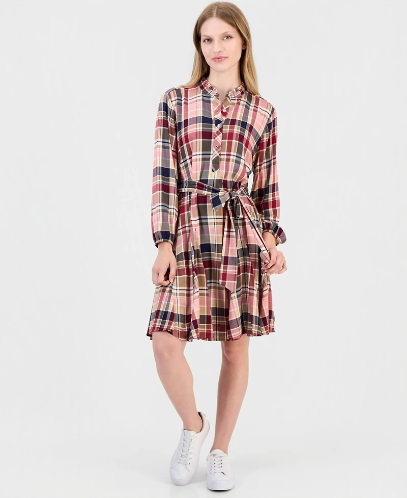 Nautica Women's Plaid Ruffled-Neckline Long-Sleeve Shirtdress