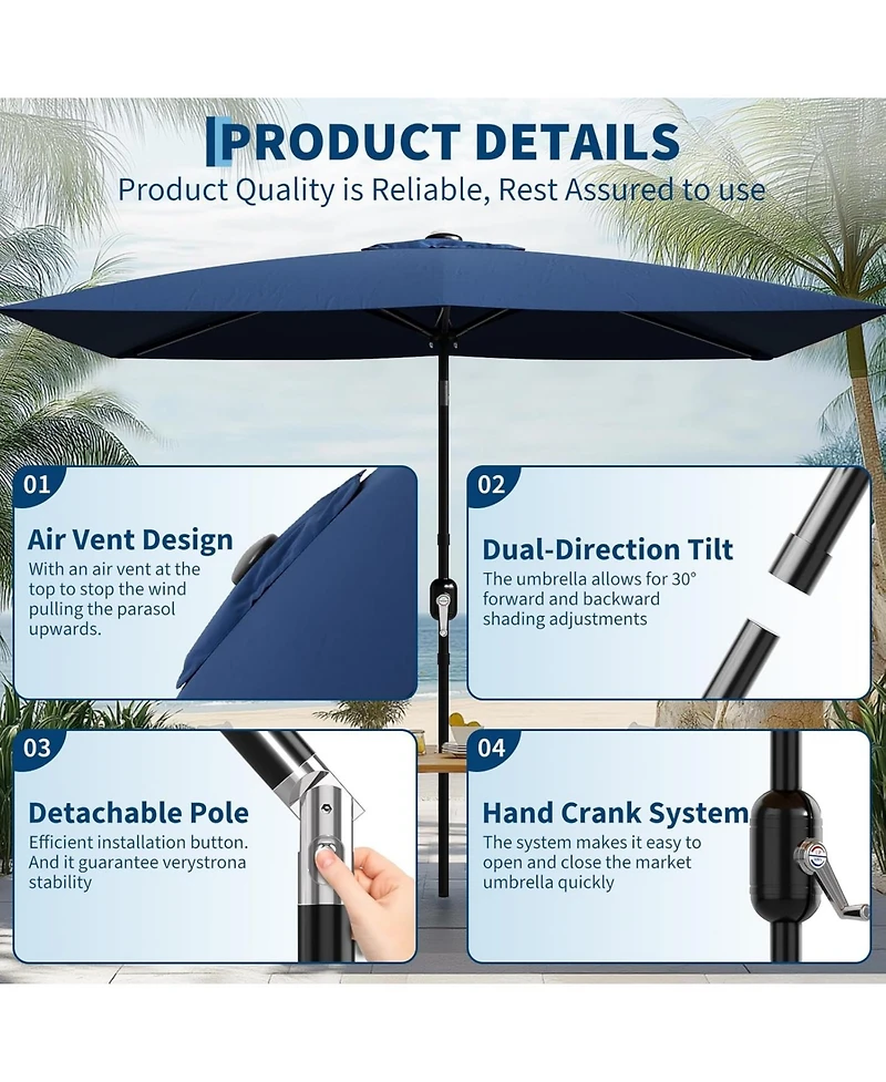 Xo Rectangular Patio Umbrella with Crank Lift, Outdoor Market Table Umbrella with Vented Canopy, 6-Rib Steel Frame Uv-Resistant Shade