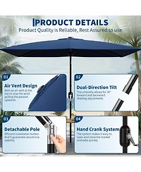 Xo Rectangular Patio Umbrella with Crank Lift, Outdoor Market Table Umbrella with Vented Canopy, 6-Rib Steel Frame Uv-Resistant Shade