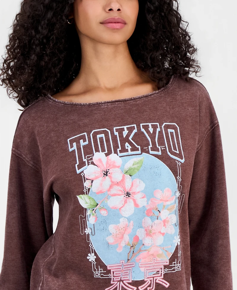 Rebellious One Juniors' Tokyo Flower Mineral-Wash Boat-Neck Fleece Sweatshirt