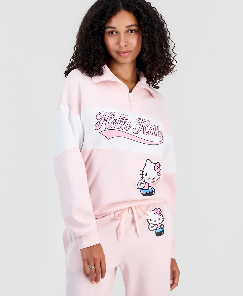 Sanrio Juniors' Hello Kitty Varsity Quarter-Zip Fleece Pullover Sweatshirt