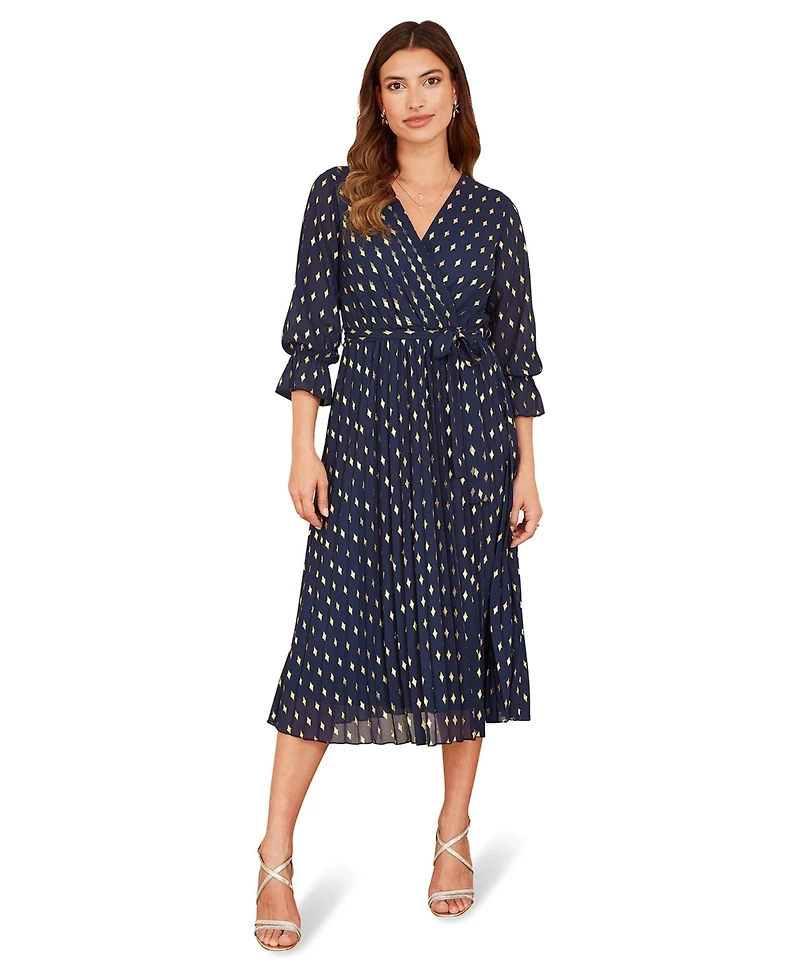 Yumi Women's Foil Printed Pleated Wrap Midi Dress