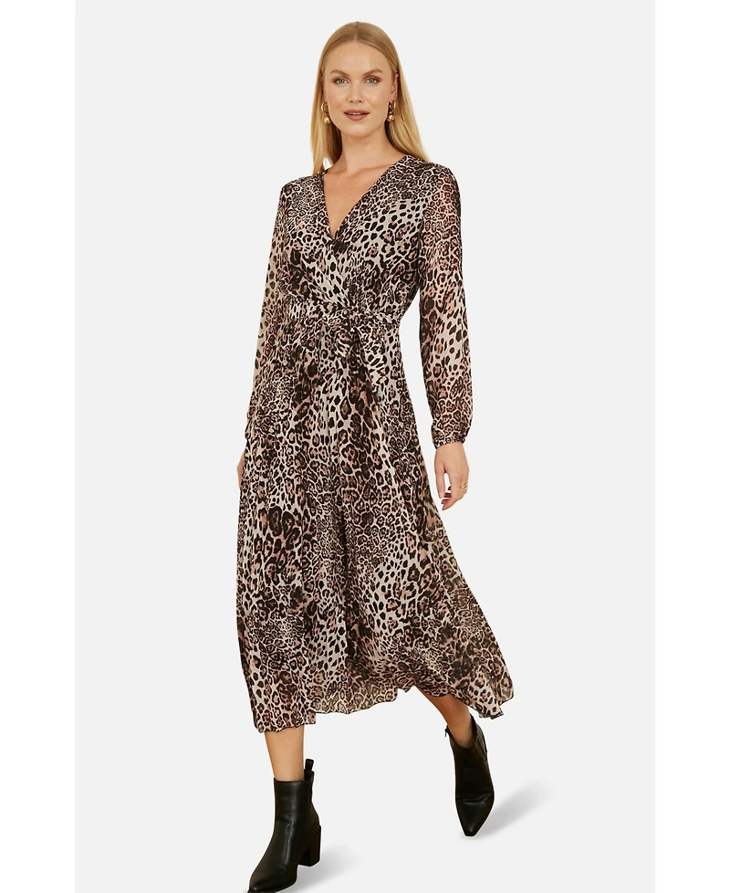 Yumi Women's Leopard Print Long Sleeve Midi Dress