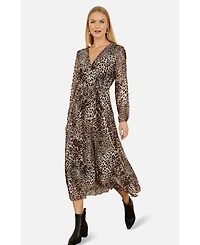 Yumi Women's Leopard Print Long Sleeve Midi Dress