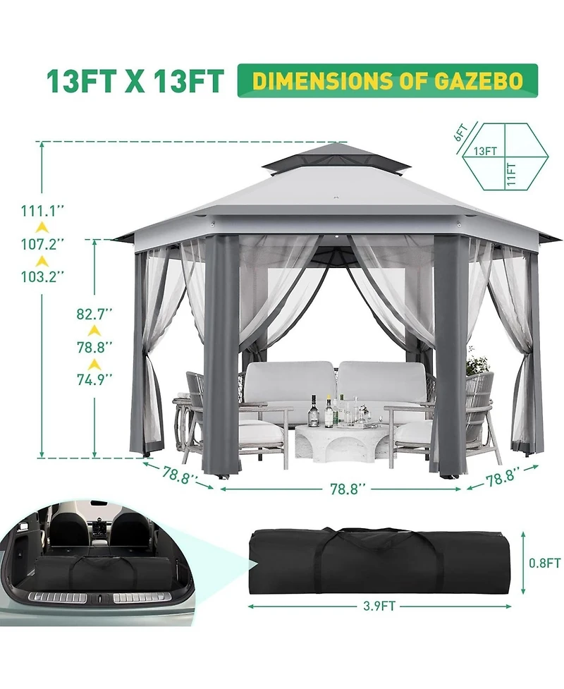 gaomon 13' x 13' Hexagonal Pop Up Gazebo Canopy Shelter For Backyard, Garden, Lawn