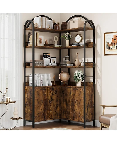 gaomon 74 Inch Corner 6 Tier Bookshelf with Cabinet Doors and Storage Shelves for Living Room Home Office, Brown