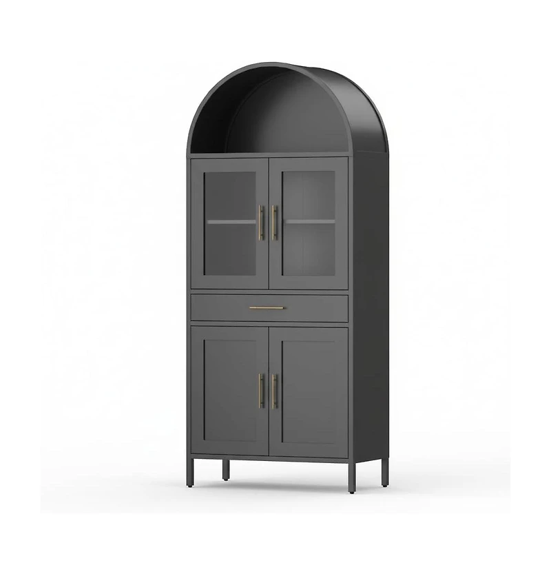 gaomon 73 Inch Arched Cabinet with Glass Doors, Metal Kitchen Pantry with Storage Drawer and 2 Adjustable Shelves, Modern Display Bookcase