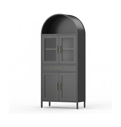 gaomon 73 Inch Arched Cabinet with Glass Doors, Metal Kitchen Pantry with Storage Drawer and 2 Adjustable Shelves, Modern Display Bookcase